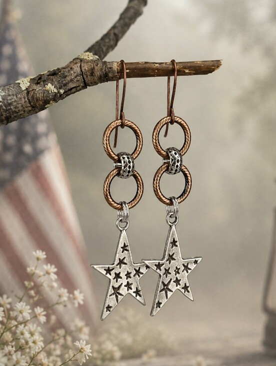Hand Crafted Jewelry - Star Earrings Silver Copper Rustic Americana Artisan Hand Crafted